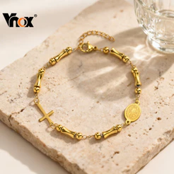 Pulseira de Cruz de São Bento Com Contas de Bambu de Aço Inoxidável Vnox Para Mulheres , Pulseiras Hipoalergênicas de Ou