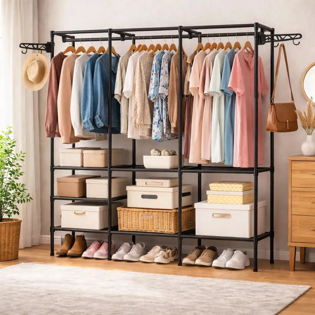 Guarda Roupa Dobravel Organizador De Roupas Aberto Cabideiro Desmontavel Arara Armário 3 Colunas