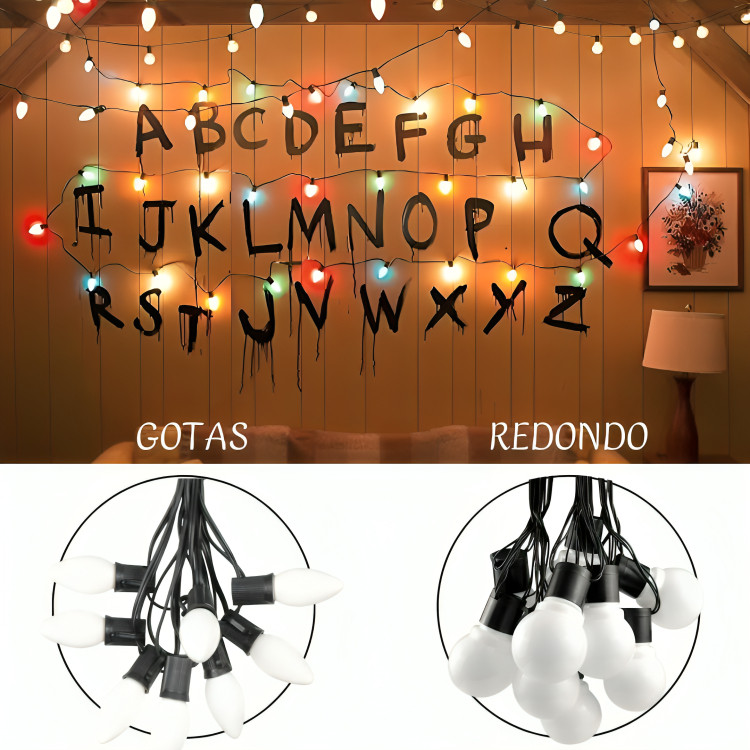 Pisca Cordão Varal 12 Bolinha Ou 12 Gotas De Luz Led 110v Fio Preto Led Amarelo 9 Modos