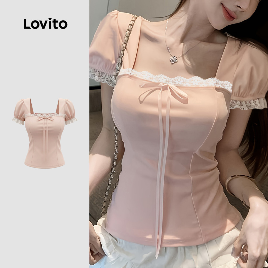 Lovito Camiseta fofa com babados e gola com cadarço primavera/verão rosa para mulheres LK3ED041