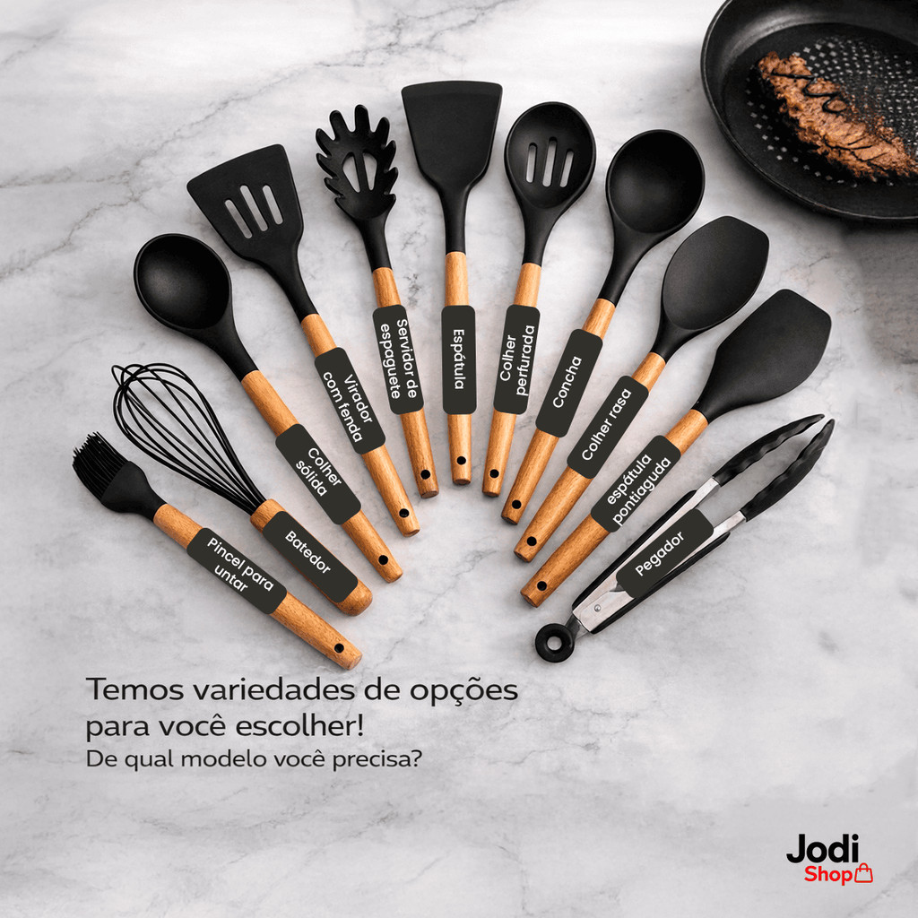Utensílio Cozinha Silicone Cabo Madeira Antiaderente Resistente Calor Premium