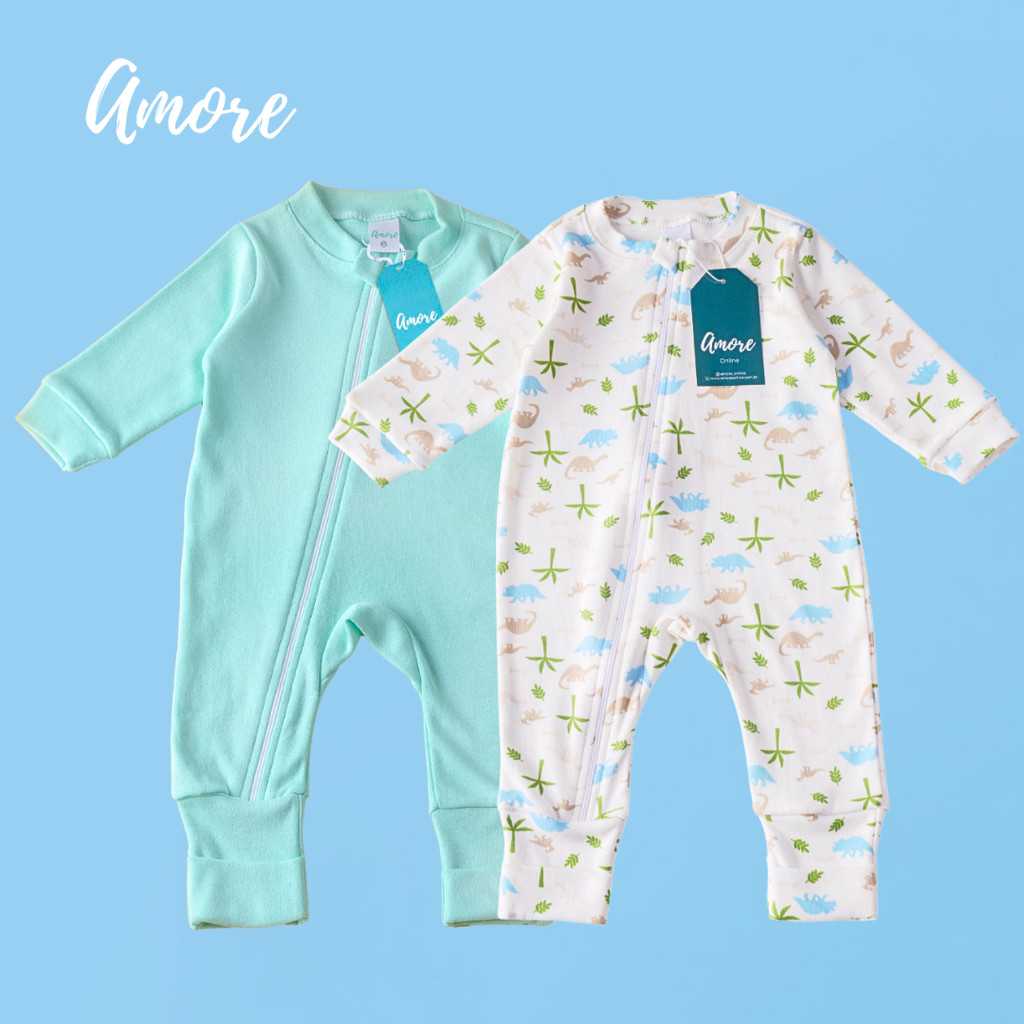 Kit 2 Macacão Longo para Bebê Amore Dino e Verde Água 100% Algodão
