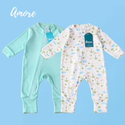 Kit 2 Macacão Longo para Bebê Amore Dino e Verde Água 100% Algodão