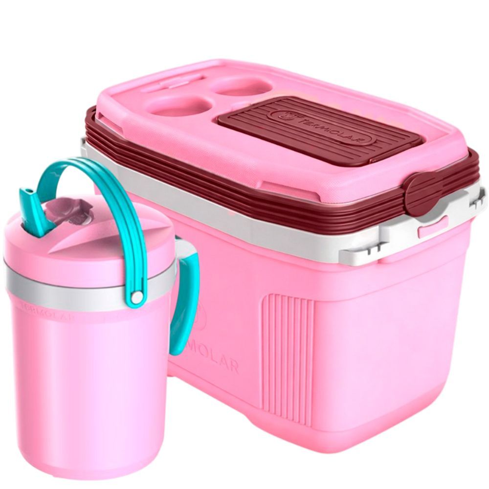Kit Rosa Termolar Caixa Cooler Térmico 20 Litros com Jarra Térmica Flip Top 2.5 Litros