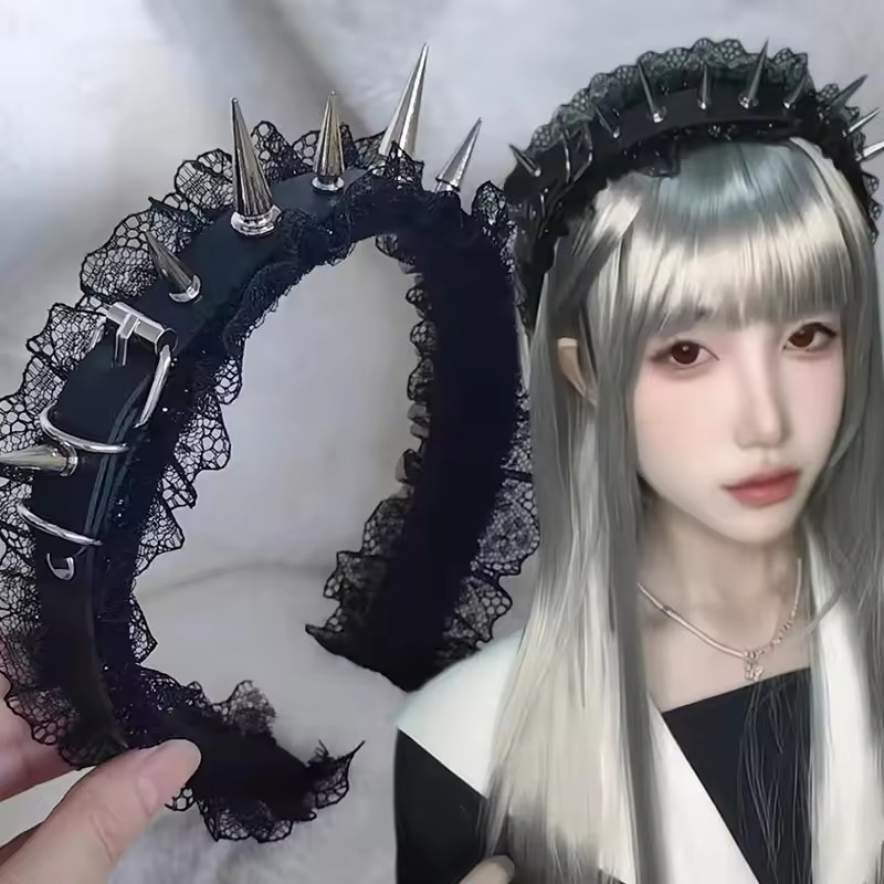Tiara De Rebite De Couro PU Punk Gótico-Cocar De Renda Preta Y2K-Acessório De Cabelo De Subcultura Harajuku Para Mulhere