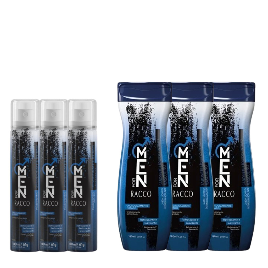 Kit Íntimo Masculino For Men Racco 3 Sabonete Líquido 180mL + 3 Desodorante 100mL