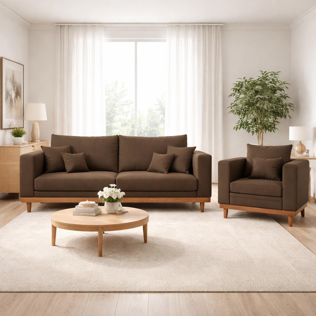Kit Poltrona Living + Sofá 3 Lugares com Base Madeira Suede