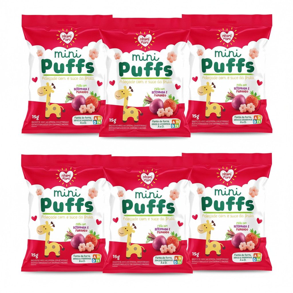 Kit Biscoito de Arroz Mini Puffs Beterraba e Morango  Nhami Mami - 6 unidades de 15g cada