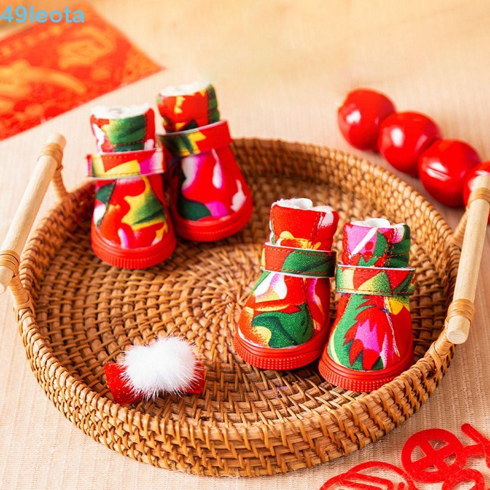 LEOTA 4 Pçs/Set Botas De Neve Para Cães , Estilo Chinês Ano Novo Inverno Sapatos , Pelúcia Macias Respiráveis Quentes