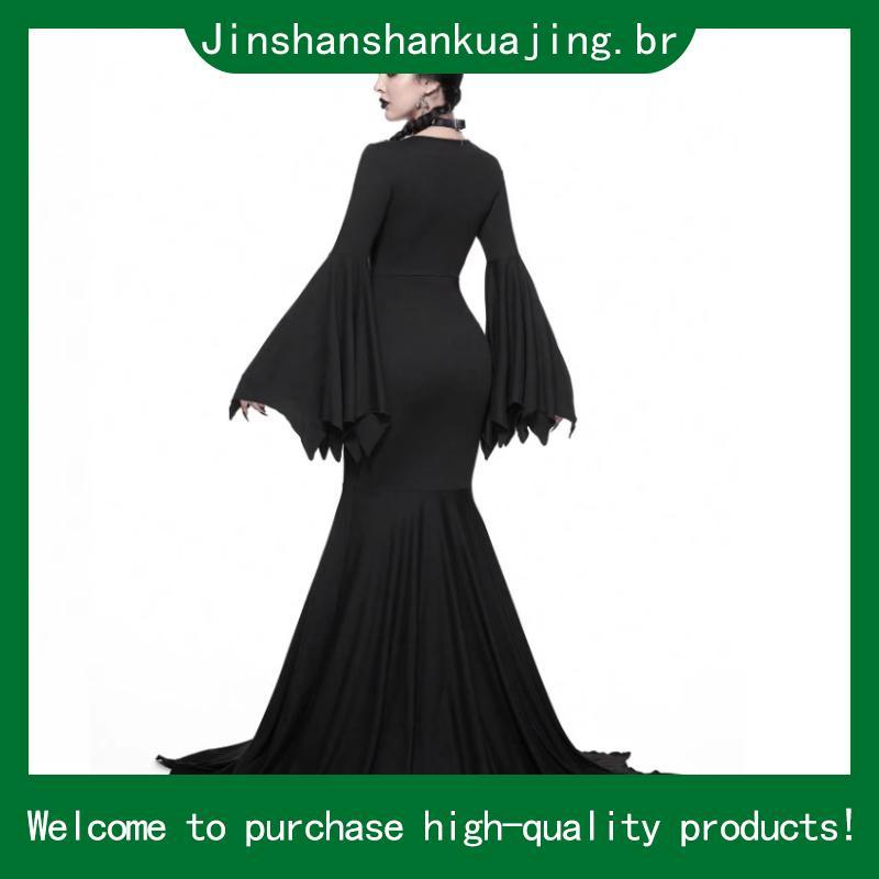 Fantasia  Vestido Preto Adulta Feminina Morticia Addans  Haloween Carnaval Festa a Fantasia Luxo