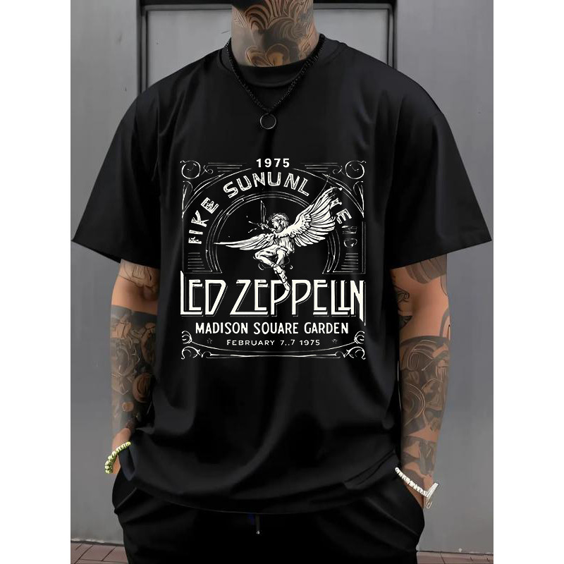 Camiseta Unissex Oversized Plus Size Feminina Masculina Led Zeppelin 1975 Madison Square Garden, Branca, Estampa  Anjo e