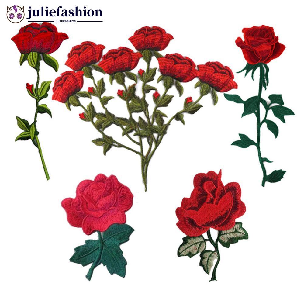 JULIEFASHION 1Pc Bordado Rosa Flor Patch Applique DIY Artesanato Adesivo Para Roupas Acessórios Emblemas Costurar Em De