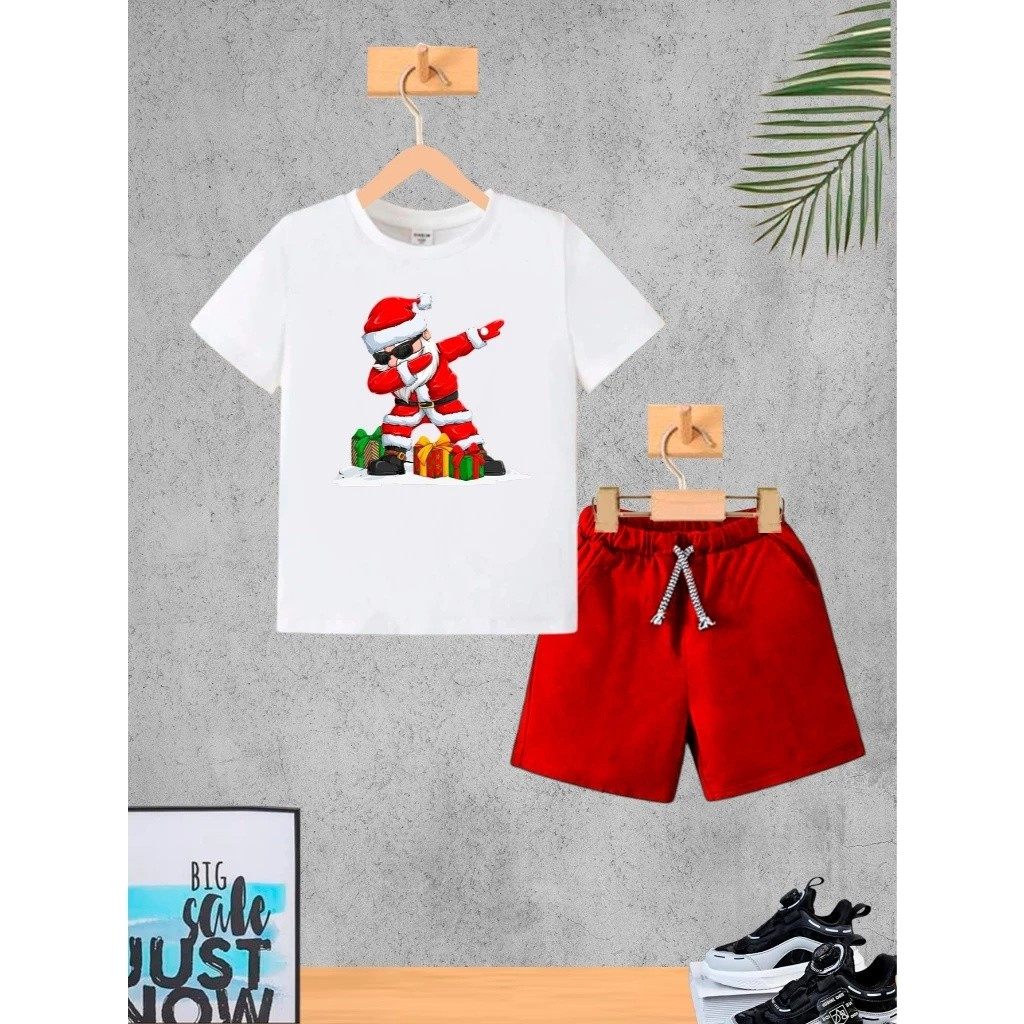 Camiseta + Short Conjunto Infantil Papai Noel Dab Conjunto De Bermuda Juvenil Conjunto De Bermuda Juvenil