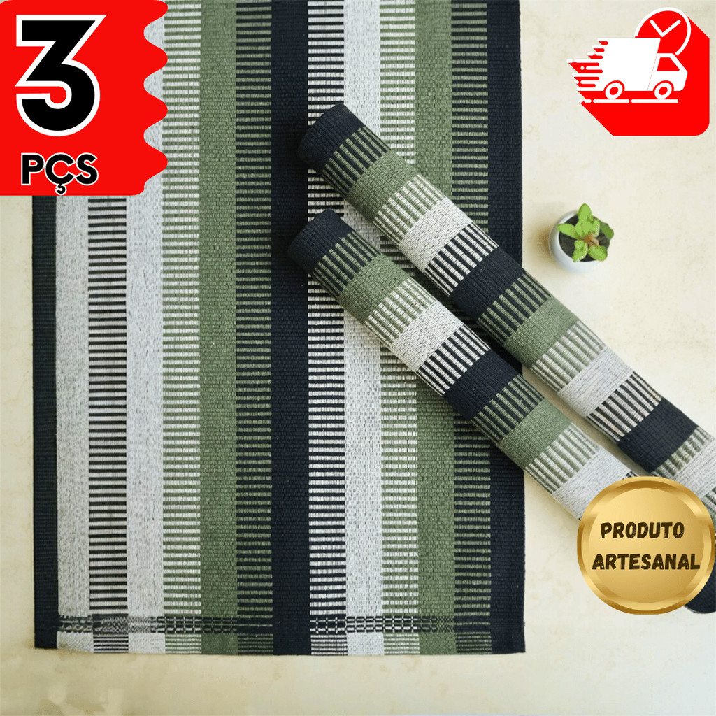 kit passadeira INDIANO (3 Pçs) tear algodão cozinha 1,48cm x 0,48 Larg. 1 Passadeira+ 2 tapetes .