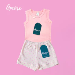 Conjunto Body Regata Amore Rosa e Short Coração 100% Algodão