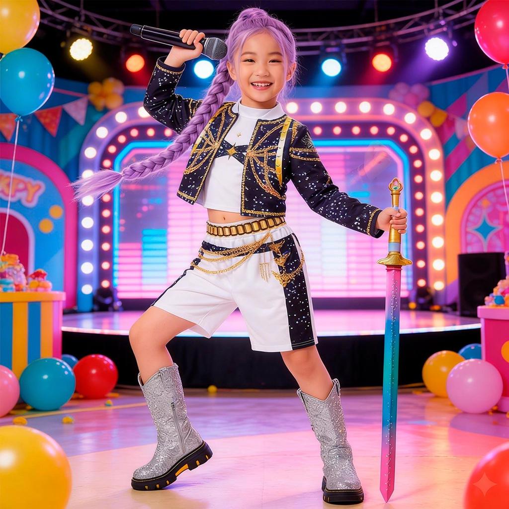 Fantasia Guerreira KPop Infantil Rumi Roupa Branca Show Cosplay de Luxo 3 Peças Jaqueta Blusa Short Elástico Confortável