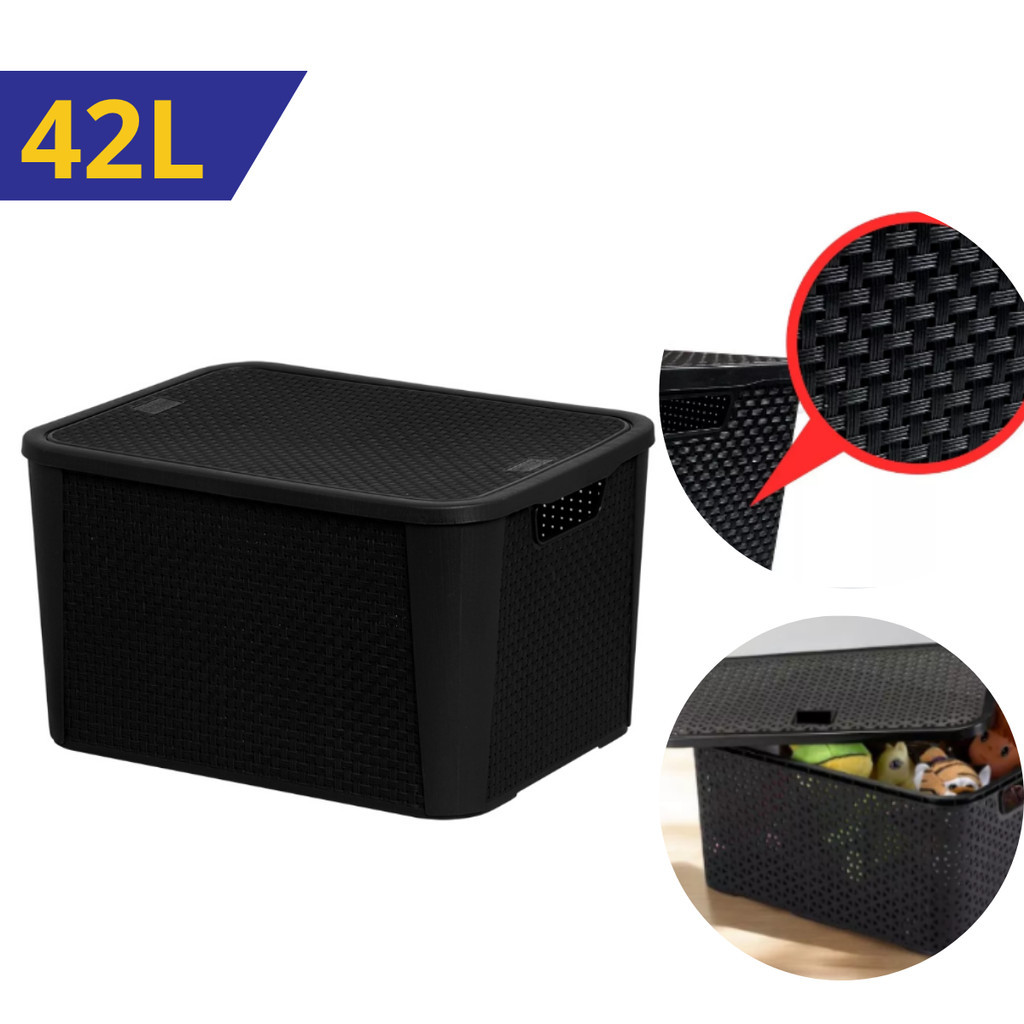Caixa Organizadora 42 Litros Rattan Preta Grande Multiuso Com Tampa Plástico Quarto Cozinha