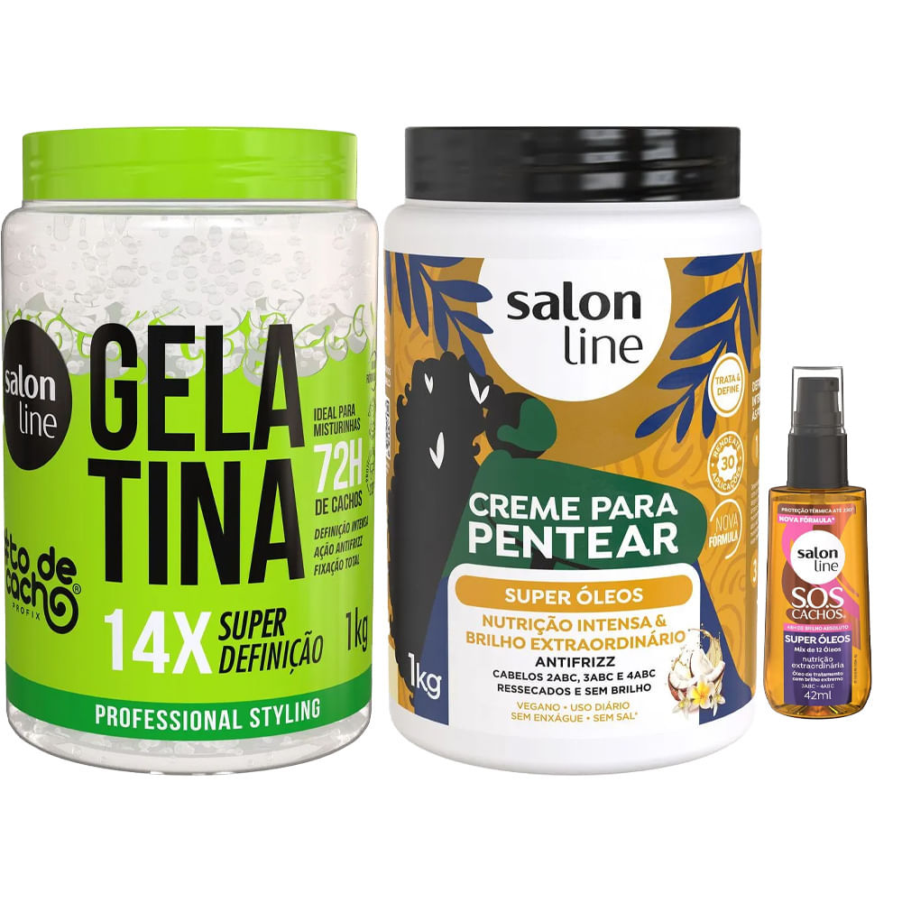 Kit Salon Line Gelatina 1kg + Creme De Pentear Super Óleos 1kg + Óleo Capilar Super Óleos 42ml em Oferta na Shopee