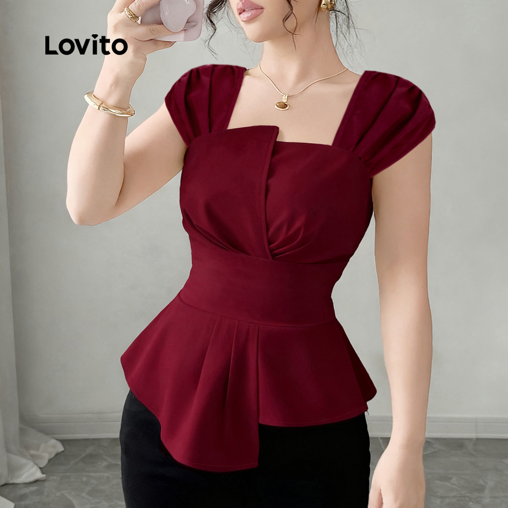 Lovito Blusa Casual Assimétrica Cor Vinho Para Primavera/verão LK2ED324 em Oferta na Shopee