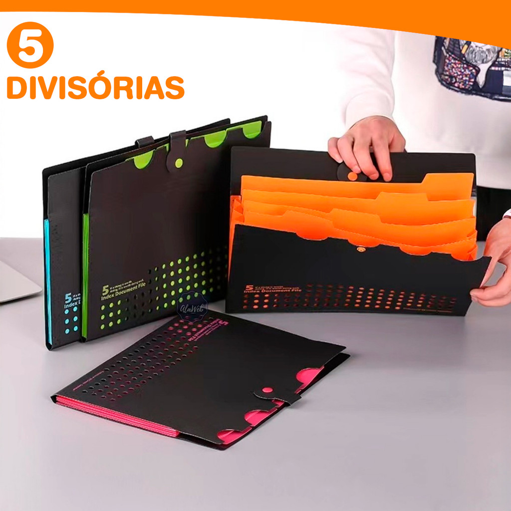 Pasta Sanfonada Organizadora De Documentos A4 5 Divisórias Arquivo Papéis Escritório Várias Cores