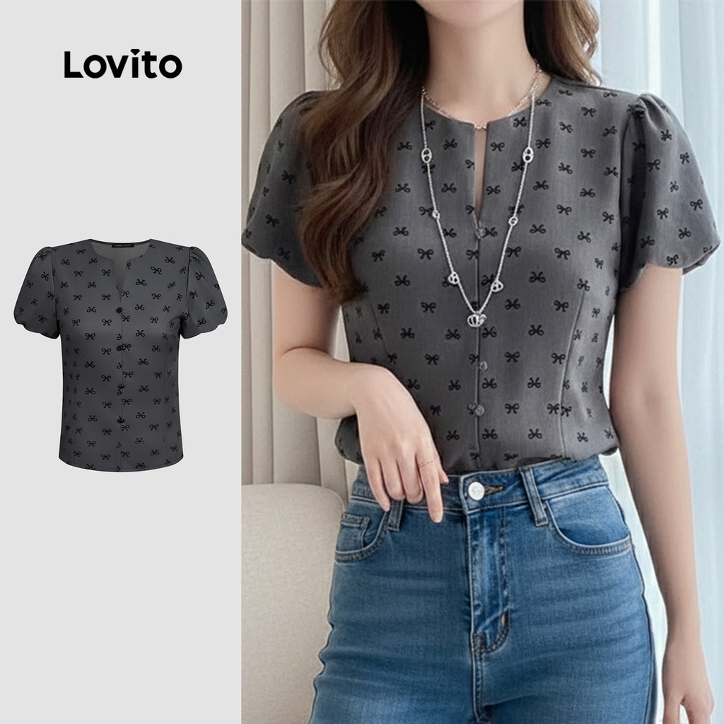 Lovito  Blusa Casual Plissada Primavera/verão Cinza para Mulheres L171ED318 em Oferta na Shopee
