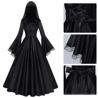 Vestido de Dança de Bruxa Negra Medieval Gótico Renascentista com Capuz Saia Longa Europa América Tamanho Grande MZPQ TM