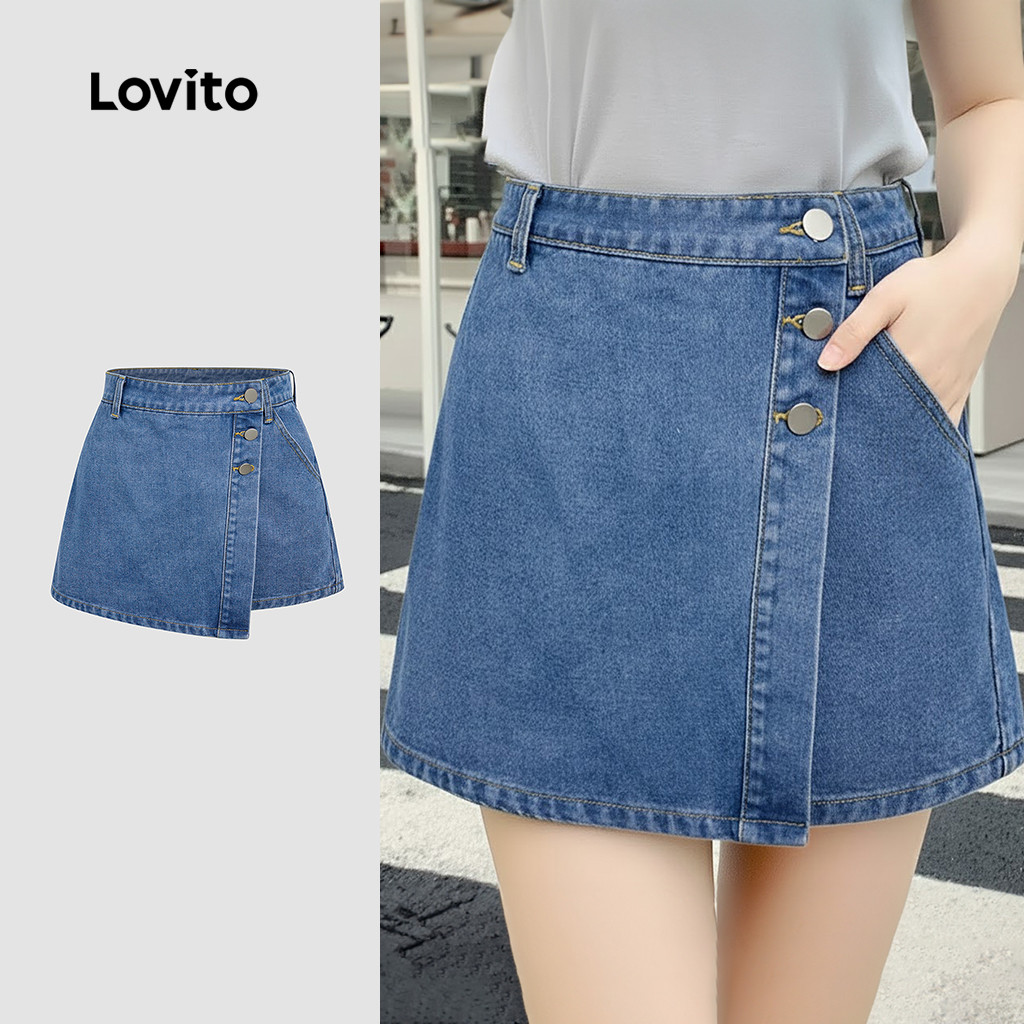 Lovito  Shorts de Ganga Casuais, Lavados, com Bolso, Botão Na Frente, Primavera/verão, Azul, para Mulheres L171ED195 em Oferta na Shopee