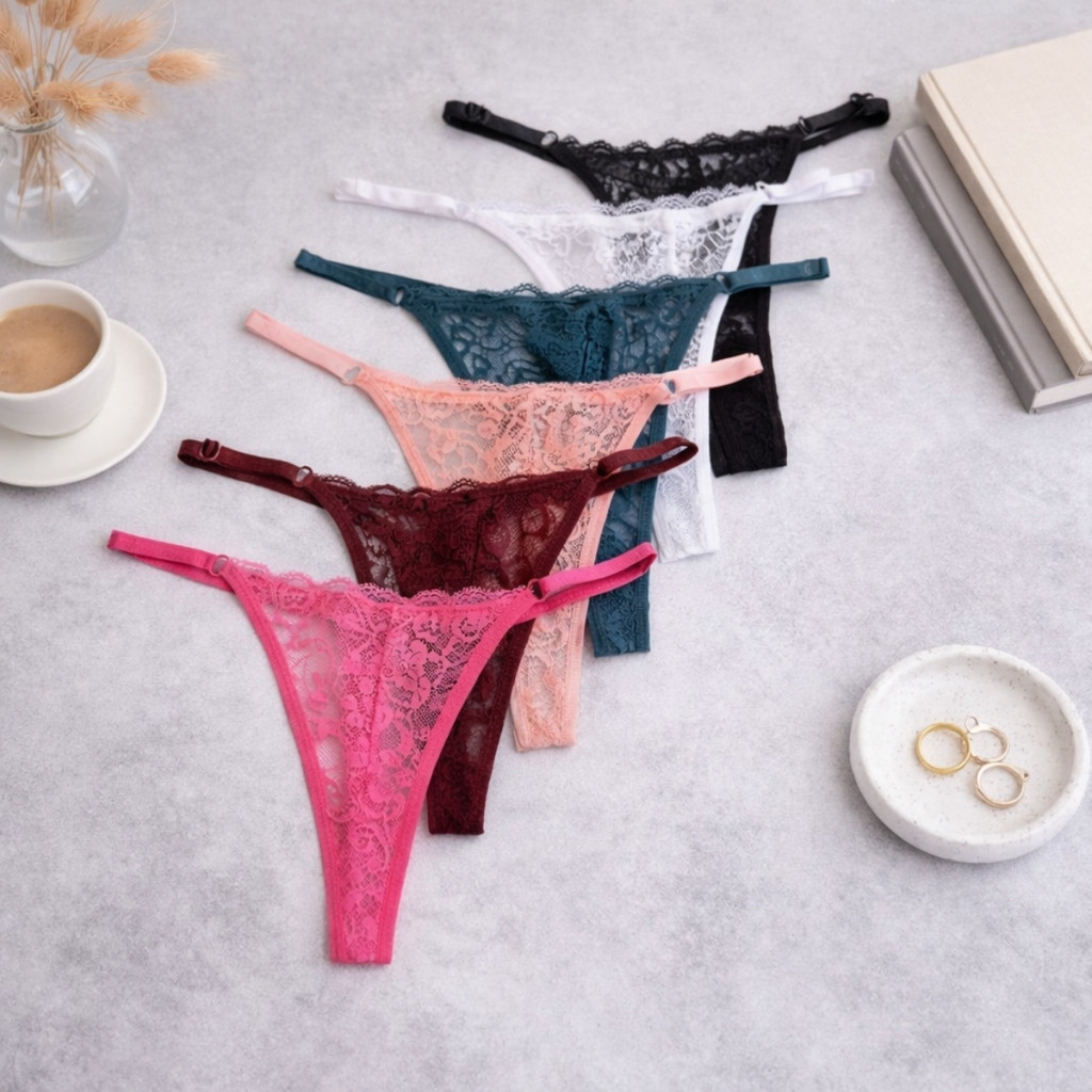 Kit 6 Calcinha de Renda Fio Dental Sexy Feminina Ajustável em Oferta na Shopee
