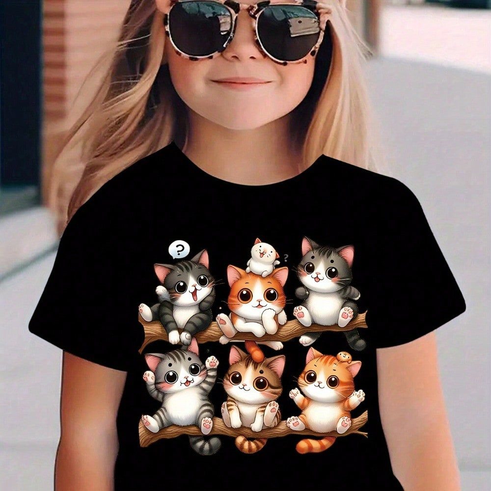 Camiseta Infantil 100% Algodão Estampa 6 Gatos em Galhos de Manga Curta para Meninas com Estampa de Gatinhos