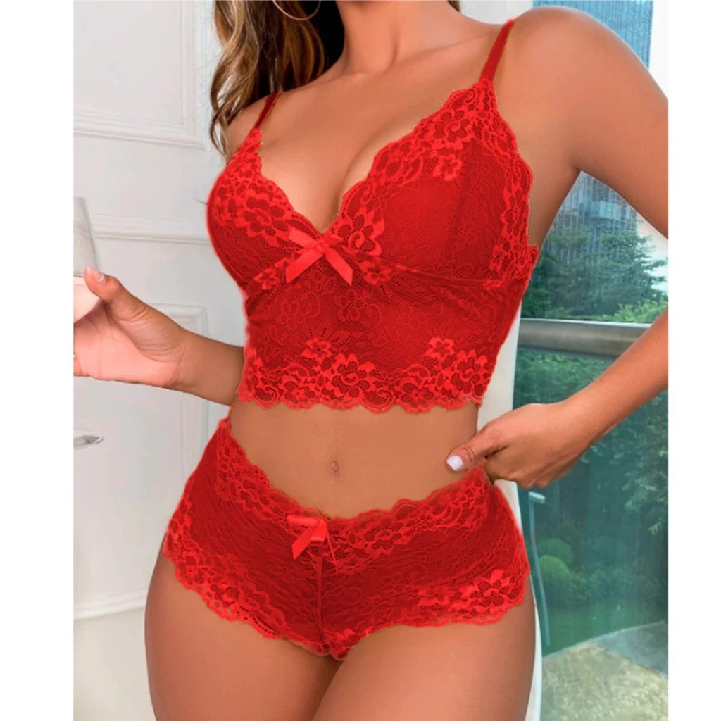 Conjunto Lingerie de Renda Feminino Sexy Caleçon e Sutiã Sem Bojo Conjunto Espera Marido