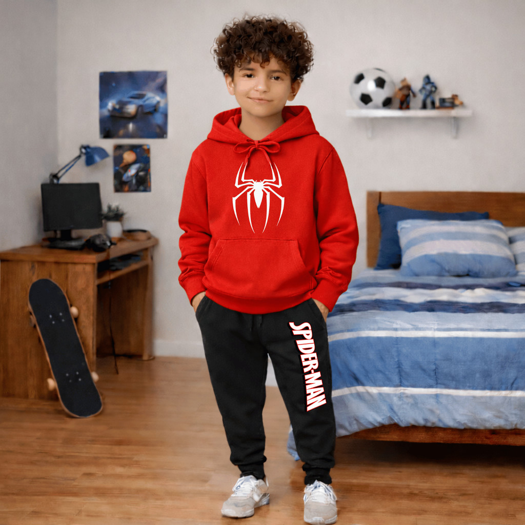 Conjunto Kit Blusa Moletom Canguru e Calça Jogger Spider Man Herói Homem Aranha Infantil Blusão Casaco