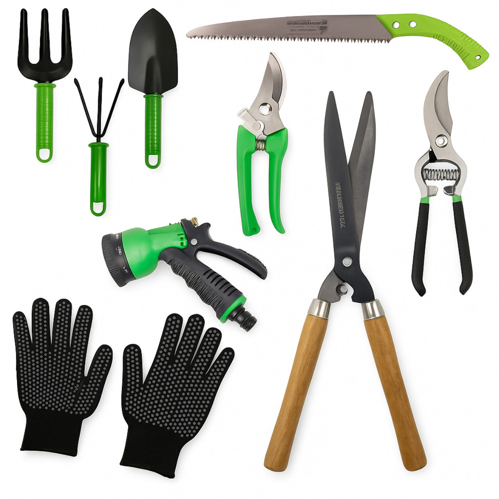 Kit Jogo Jardinagem Jardim Pá Tesoura Poda Luva 9 Peças Profissional Tesoura Grama Poda Pa Garfo Serrote Poda