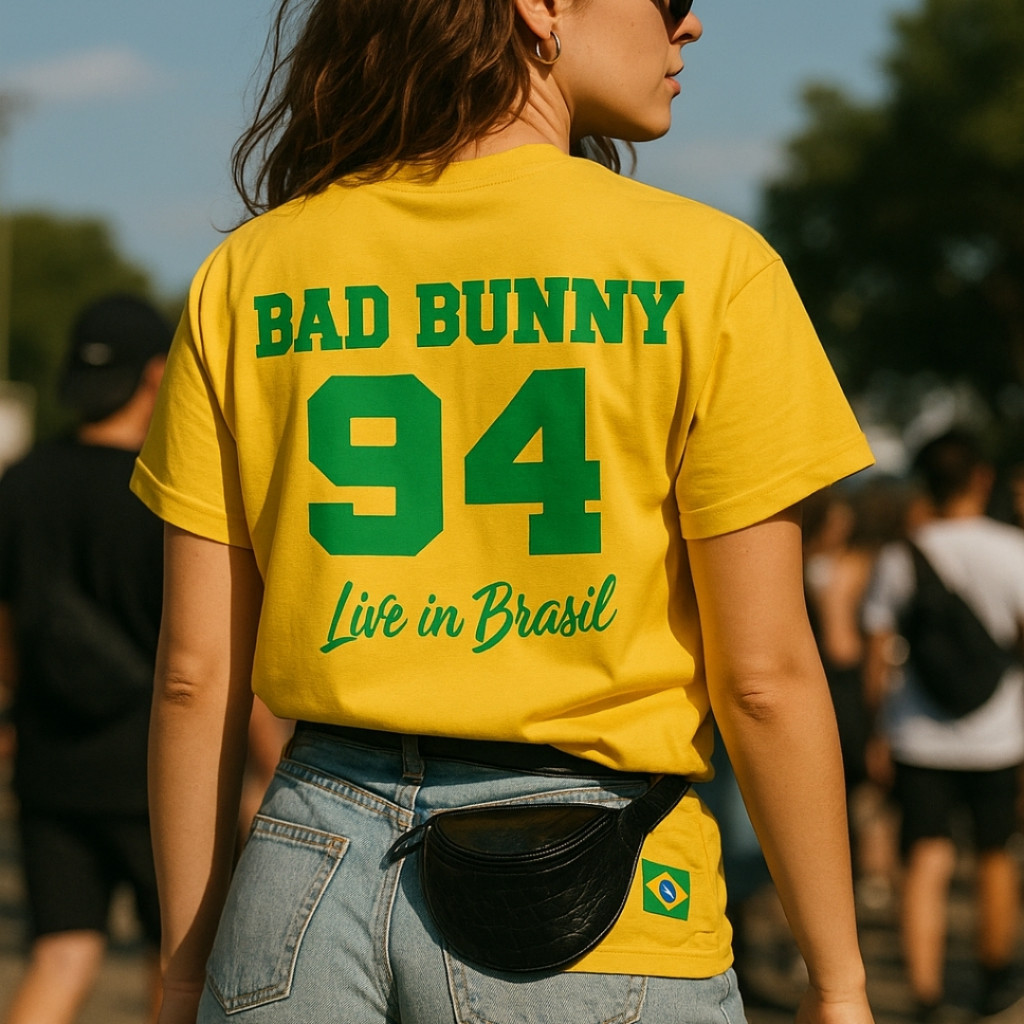Tshirt Street Cantor Bad Bunny Show no Brasil Camiseta com Bandeirinha do Brasil - Blusa Frente e Costas