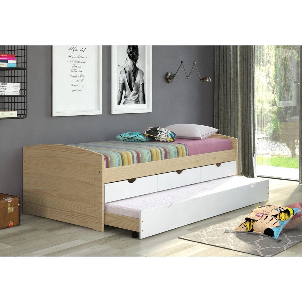 Bicama Solteiro 3 Gavetas em Madeira Maciça Ulli Natural/Branco em Oferta na Shopee