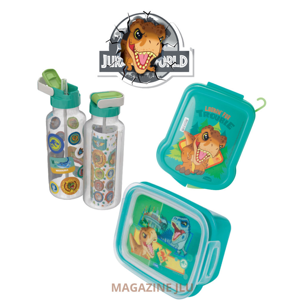 Kit 3 pcs Jurassic Baby Dinossauro Garrafa Automática c/ Canudo Marmita Sanduicheira Escolar Lanche