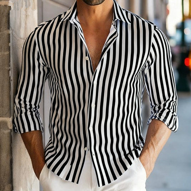 Camisa listrada da moda masculina de manga comprida camisa Casual de quatro lados com estampa elástica camisa juvenil