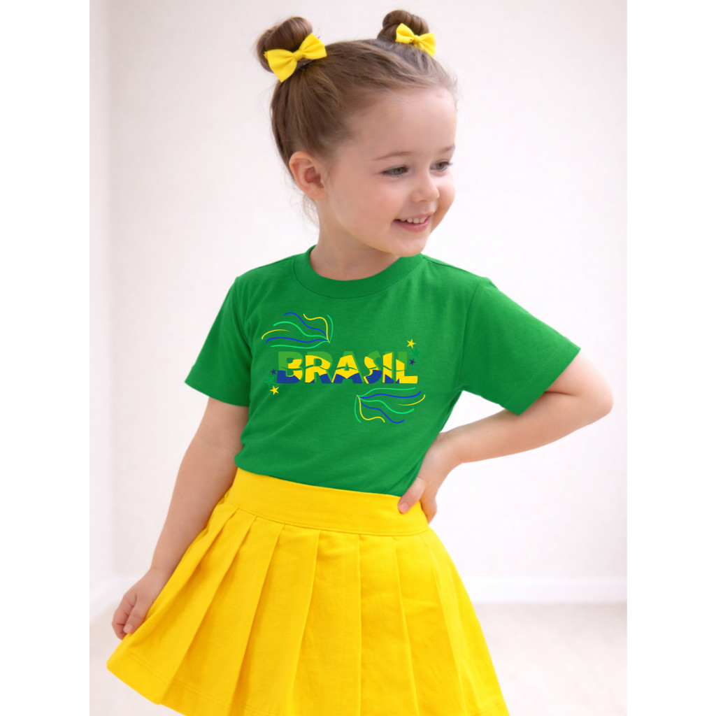 Camiseta Infantil Algodão Estampada Feminina Copa Brasil Confete Colorido 1010 Copa do Mundo Torcida Brasil Tendência