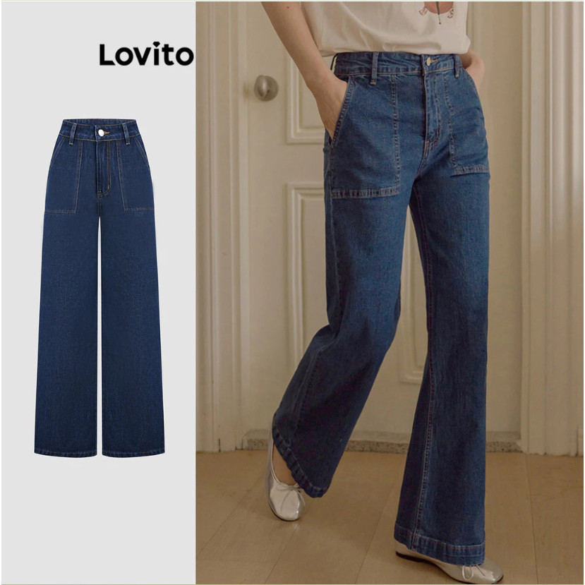 Lovito Calça Jeans Casual Com Bolso Liso Botão Cortado Para Todas As Estações Para Mulheres JNB117AD em Oferta na Shopee