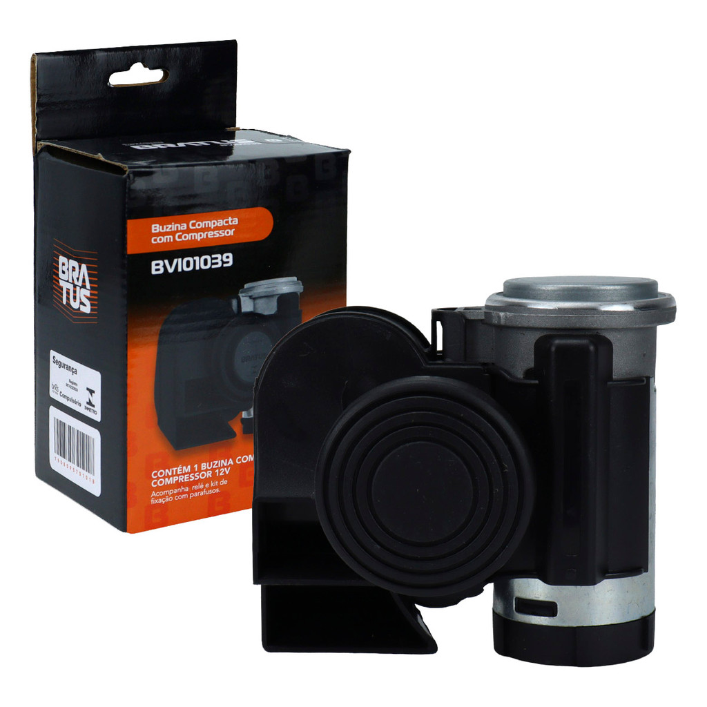Buzina Automotiva Compacta Preta Com Compressor Acoplado 12V Carro Moto Embarcação Jeep Bratus