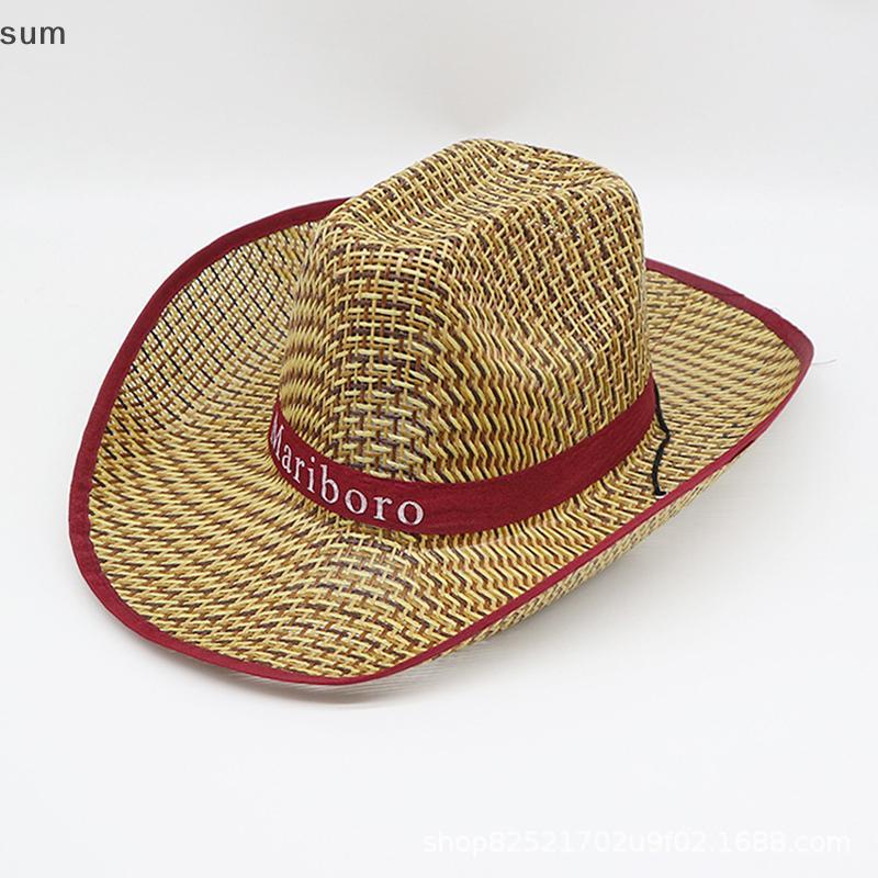 [sum] Masculino Retrô Ocidental Cowboy Verão Palha Para Chapéu De Sol Aba Larga Encaracolada Letras Printe BR