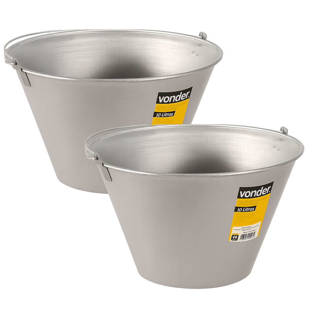 Kit 2 Baldes Metálico Original Vonder Multiuso 10 Litros Aluminio, Polido, Redondo, Obra Construção, Pedreiro, Cimento