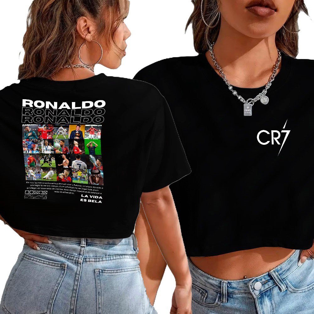 Blusa Cropped Top Estilosa Personalizada Cristiano Ronaldo Cr7 Goat Futebol