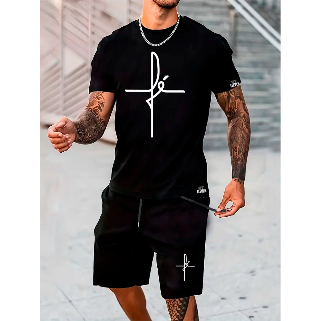 Kit Camiseta Masculina 100% Algodão + Bermuda tectel  Lançamento Estampada Fé gratidão Confortavel  Unissex