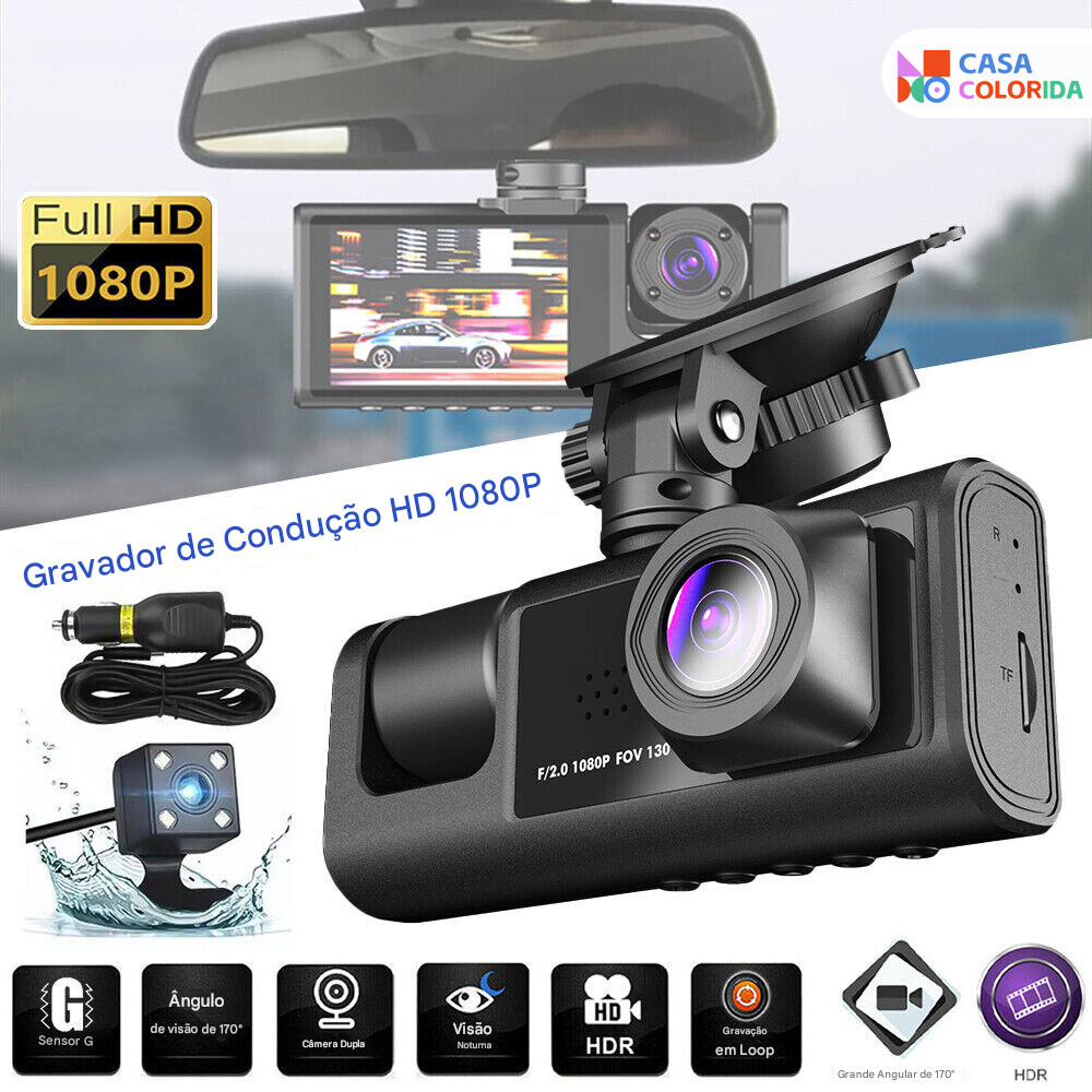 Câmera Automotiva com Wi-Fi - Gravação Tripla HD 1080P Dianteira, Traseira e Interna  Armaz 64GB