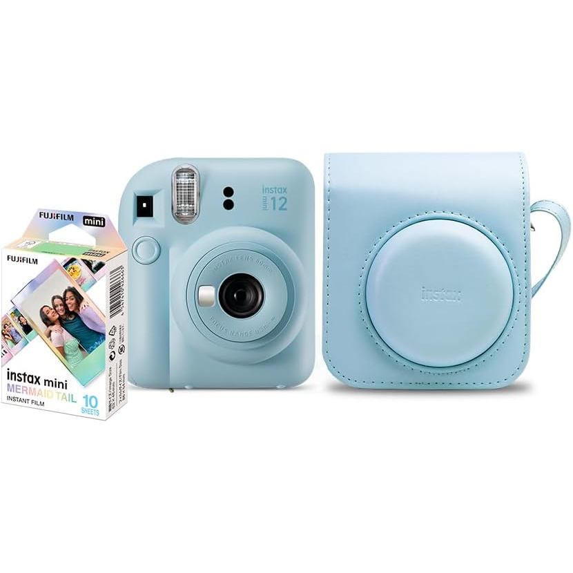 Kit Câmera Instax Mini 12 com Pack 10 Fotos Mermaid Tail e Bolsa Azul em Oferta na Shopee