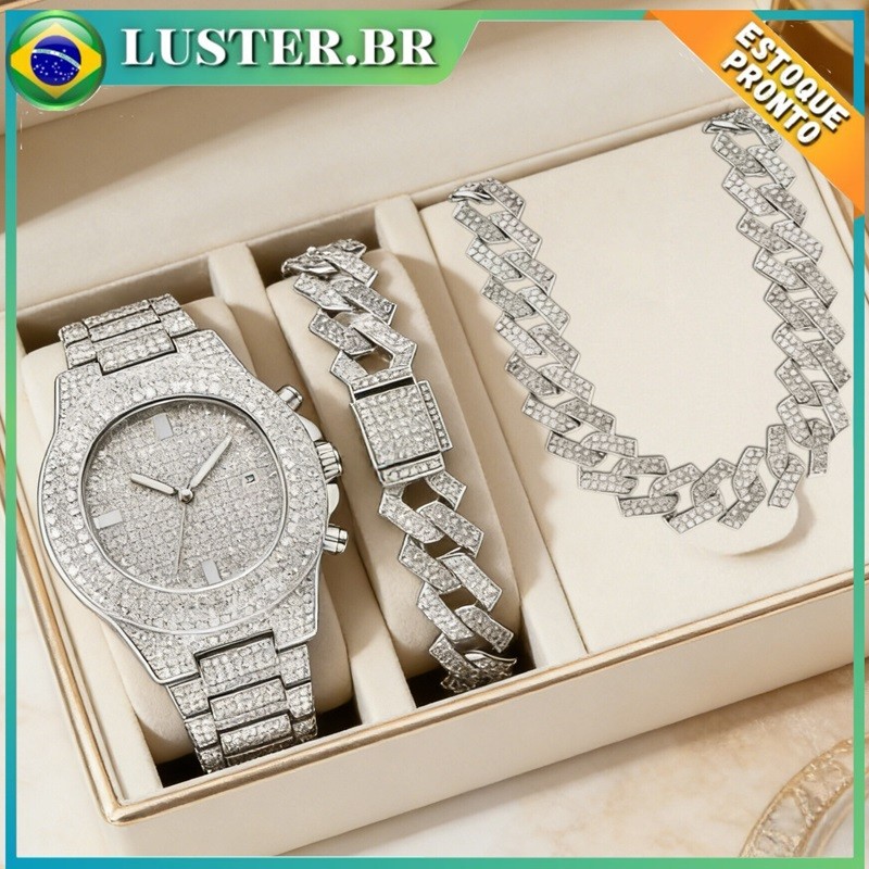 Conjunto de relógio 3 peças + colar + pulseira, joias, relógio masculino totalmente em diamante com corrente cubana