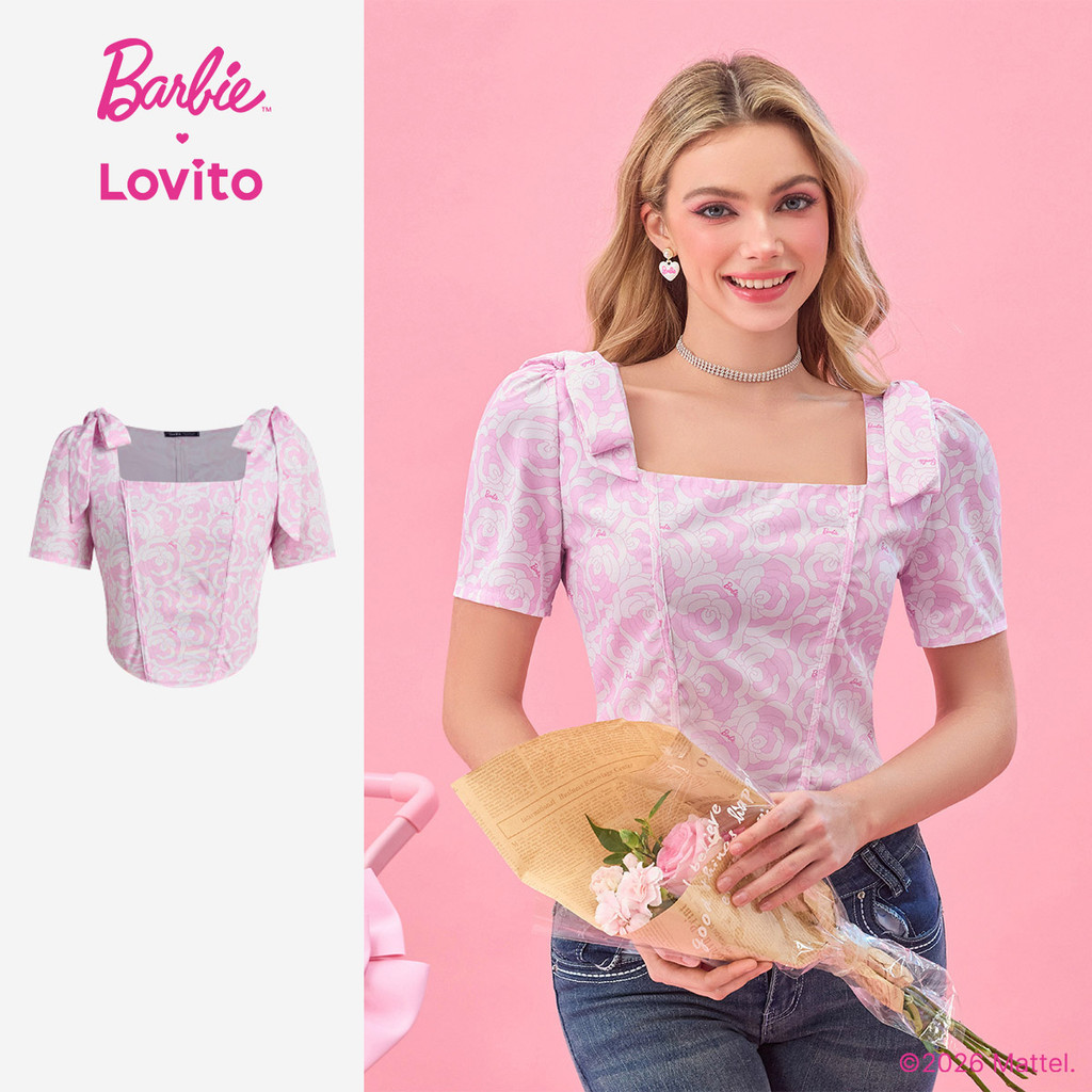 (New arrival) Barbie™ X Lovito  Blusa Casual Padrão Amarrar Frente Blusa Primavera/verão para Mulheres BLBL2PAD023 em Oferta na Shopee