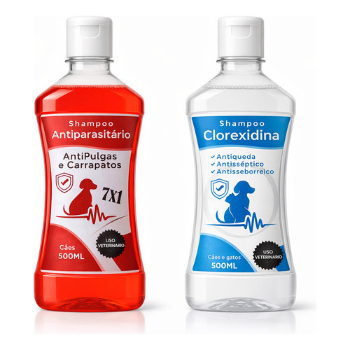 Kit Shampoo Pet Antipulgas 7 Em 1 + Clorexidina 500ml - Tratamento Sarna Seborreia Dermatite