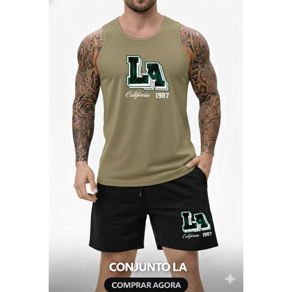 Kit Conjunto Lançamento LA Fio 30.1 Regata e Bermuda Moletom PREMIUM Confortável Toque Macio Envio Imediato