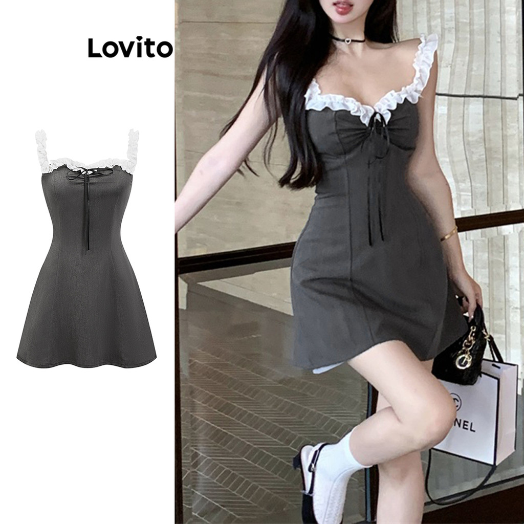 Lovito Vestido Fofo Liso Colorblock Com Cadarço Para Mulheres LBA79186 em Oferta na Shopee